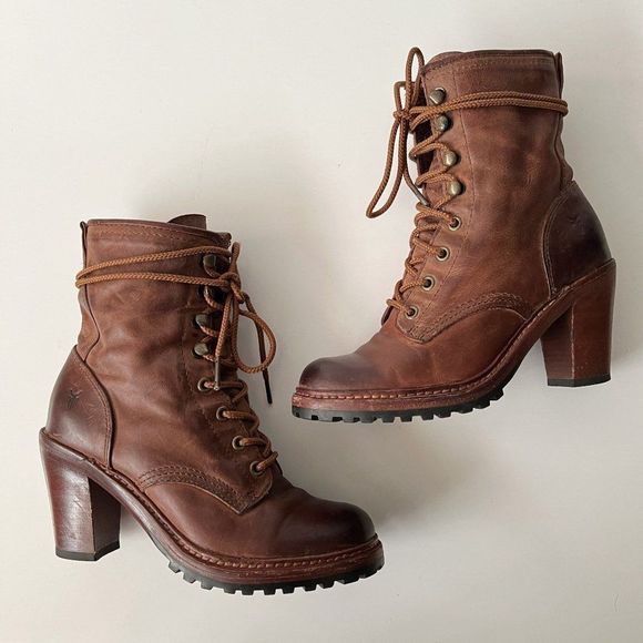 Frye Shoes - Frye Lucy Lace Up Lug Sole Heeled Combat Biker Leather Ankle Boots Booties 6.5